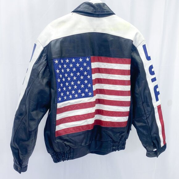 Vintage Leather USA Flag Bomber Jacket Leather King Biker Coat - Picture 4 of 14